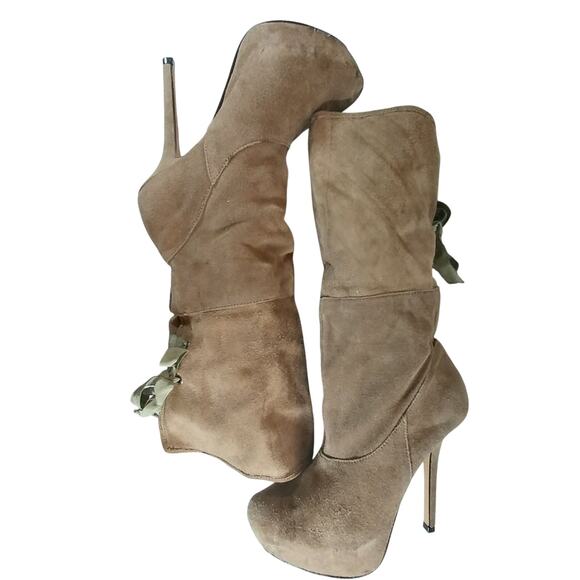 STEVE MADDEN! FAWN BEIGE GENUINE SUEDE LEATHER PLATFORM STILETTO BOOTS! SZ 10M - Picture 5 of 10
